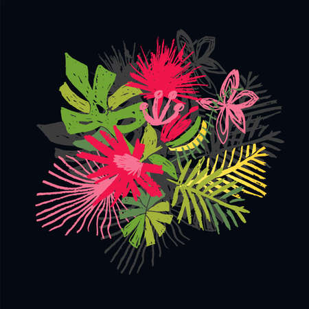Tropical flower composition, hand drawn jungle paradise, vector illustration isolated on black background. Floral leaf bouquet, exotic plant leaf, botanical doodle styleのイラスト素材