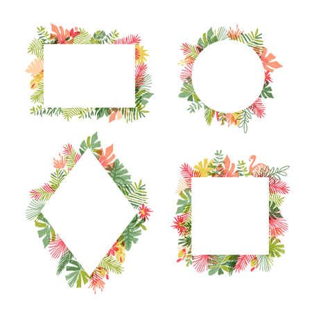 Tropical flower and flamingo bird frame collection, vector illustration isolated on white background. Botanical framing, exotic plant leaf and bird framework set, lets flamingleのイラスト素材
