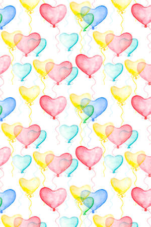 Valentines day background decoration with watercolor air balloons in form of hearts. Hand drawn illustration, love holiday symbolの写真素材