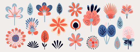 Set of drawn flowers. Drawing style. Various colorful flowers for drawing, textile. Interior painting. flat design. Hand drawn fashion vector illustration. Each flower is isolated.のイラスト素材