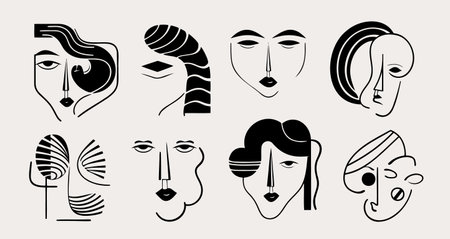 Big Set of Various Faces, abstract shapes. Ink painting style. Contemporary Hand drawn Vector illustrations. Continuous line, minimalistic elegant concept. All elements are isolatedのイラスト素材