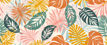 Seamless vector pattern of colorful tropical leaves flowers. Creative arts piece featuring a flat seamless pattern of tropical leaves, flowers, beauty of plant life in vibrant green and orange tonesのイラスト素材