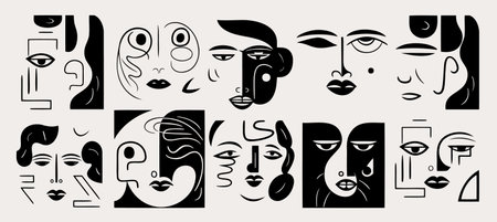 Big Set of Various Faces, abstract shapes in the style of Matisse. Ink painting style. Contemporary Hand drawn Vector illustrations. Continuous line minimalistic elegant concept. All elements isolatedのイラスト素材