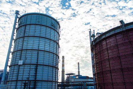 The gas cabinet in the blue sky, the blast furnace gas, the converter gasの写真素材