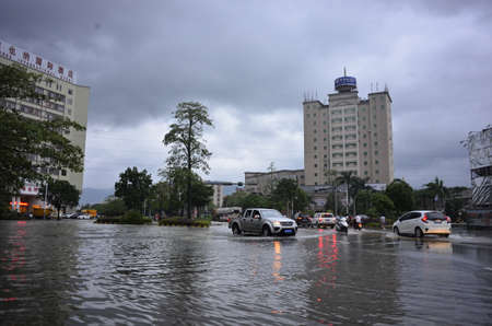 On September 17, 2018, typhoon "Mangosteen" brought heavy rains and caused floods in Yangchun City, Guangdong Province.のeditorial素材