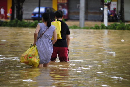 On September 18, 2018, typhoon "Mangosteen" brought heavy rains and caused floods in Yangchun City, Guangdong Province.のeditorial素材