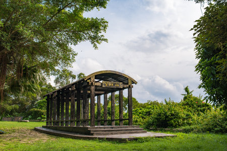 Wooden pavilion on Hailing Island, Yangjiang, Guangdongのeditorial素材