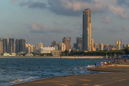 View of the city beach at sunset.の写真素材