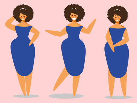 Set of women in elegant dress in different poses. Character for your project. Vector illustration in flat style.のイラスト素材