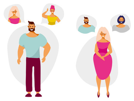 Cartoon characters man and woman think and dream of a partner. Vector illustration in flat style...