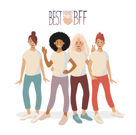 A group of four young girls are standing, hugging and smiling. Handwritten inscription Best friends. Vector illustration in flat cartoon style.のイラスト素材