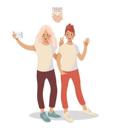 A group of two young happy girls taking selfie on a smartphone. Vector illustration in flat style, cartoon characters on an isolated white background.のイラスト素材