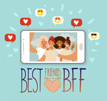 Selfie group of friends of girls on the screen of the smartphone. Phrase best friends. Like and...