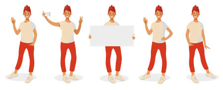 Set of different poses of a young girl in casual clothes. Teenager with different gestures, selfie, presentation, greeting. Flat vector illustration. Cartoon design, isolated on white background.のイラスト素材