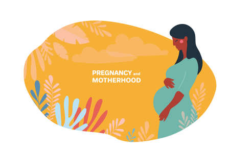 Banner pregnancy and motherhood. Side view of a pregnant afro woman standing in nature and hugging belly with arms. Concept character. Vector flat stock isolated on a white background.のイラスト素材