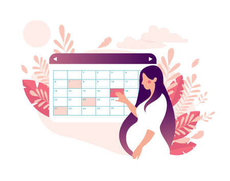 A woman is planning a medical appointment with a doctor on a calendar. A young mother is waiting for the birth of a baby. Pregnancy and motherhood concept. Pregnancy calendar with natural background of leaves. Flat stock vector illustration isolated on white background.のイラスト素材