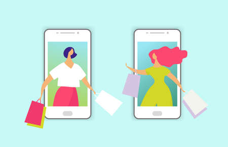 Two girls with shopping bags communicate with each other from the phone. Modern concept of online shopping. Women shop online. Flat vector illustration.のイラスト素材