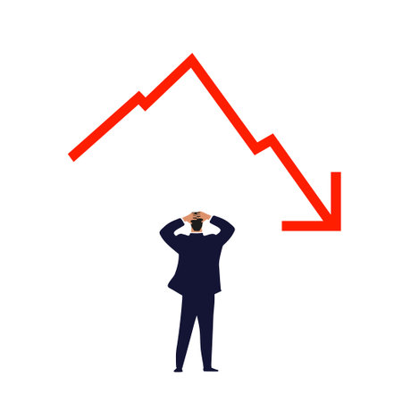 World financial crisis. A simple graph with down arrow. Man held on to his head. Investments,...