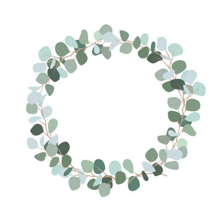 Festive wreath of branches with bluish leaves. Silver dollar eucalyptus wreath with place for text for wedding, invitation. Botanical plant. Flat illustration isolated on white background.のイラスト素材