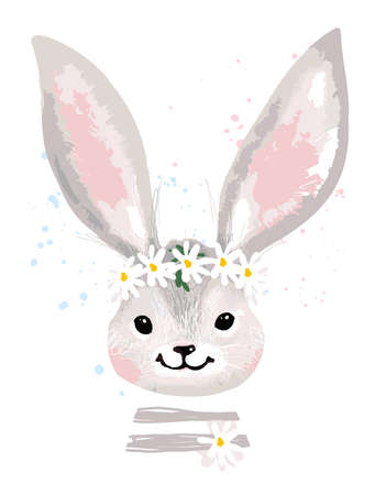 Greeting card with a portrait of a cute rabbit. Bunny with a wreath of flowers on his head. Animal vector illustration isolated on white background.のイラスト素材