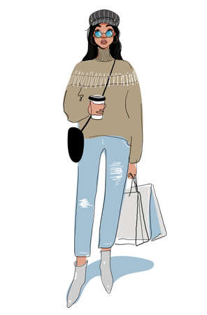 Cute hipster girl carries a bag and coffee. Modern young woman is shopping. Vector doodle illustration. Sketch of a beautiful girl model in glasses and jeansのイラスト素材