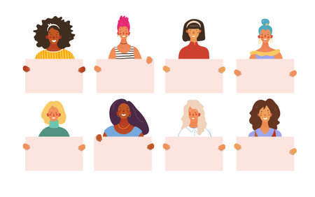 Girls and women of different nationalities hold in their hands sheets of paper with a place for text. Clip art for school. Female students with posters. Vector illustration isolated on a white background.のイラスト素材