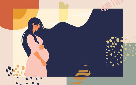 A poster with a pregnant woman. Modern collage on an abstract background. Bright conceptual flat...