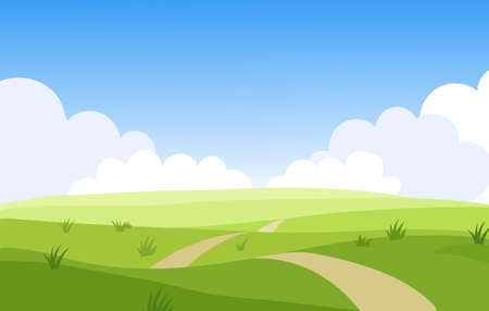 Beautiful summer grassy meadow landscape. Spring nature sunny day. Bright background with cloudy sky in the park, place for text. Cartoon vector illustrationのイラスト素材
