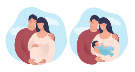 Caucasian couple with baby on sky background. Husband hugs a pregnant wife, natural background. Flat vector illustration. A man, a pregnant woman and a newborn baby, a young familyのイラスト素材