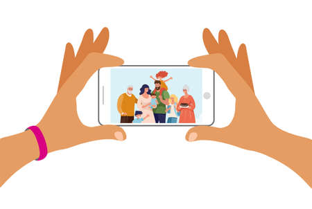Two hands are holding a phone with a family photo on the screen. Photo of a large family using modern technology.のイラスト素材