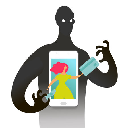 Conceptual illustration about online fraud, cybercrime, data hacking. The girl on the screen the...