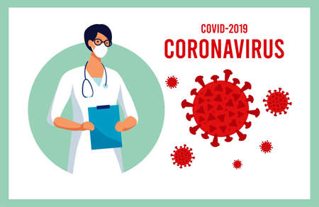 Coronavirus  . Novel coronavirus 2019-nCoV Concept illustration, global pandemic, an epidemic of a new virus, public health risk, precautionary measures, quarantine. Infographic with doctor and bacteria cells. Stock vector illustrationのイラスト素材