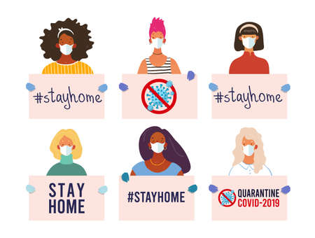 CoVID-19 Spread of the virus. New Coronavirus 2019-nCoV Positive quarantine self-isolation poster. Girls and women of different nationalities hold posters. Stay home, quarantine, stop coronavirus. Flat vector illustrationのイラスト素材