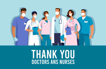 CoVID-19 Spread of the virus. New Coronavirus 2019-nCoV Poster Thank you doctors and nurses. Thanks to the medical team during the coronavirus epidemic. Vector illustrationのイラスト素材
