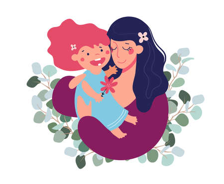 Mother s day greeting template. Mom hugs her daughter. Family and motherhood concept. Flat cartoon vector illustrationのイラスト素材