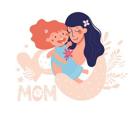 Mothers Day Greeting Card. Happy mom hugs her baby, cute poster. A woman holds a girl in her arms. Flat vector illustrationのイラスト素材