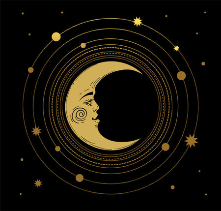 Vector illustration in vintage mystic style, boho design, tattoo, tarot. The device of the universe...
