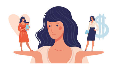 A woman chooses between family and work. The issue of female priorities between childbirth, health, marriage and career, money, business. Flat vector illustrationのイラスト素材