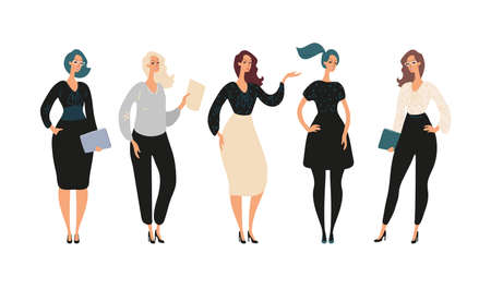 Set of cute female characters in a flat design. Full-length women in business clothes with papers and a laptop. Business woman, teacher, secretary, student. Stock vector illustration isolated on white backgroundのイラスト素材