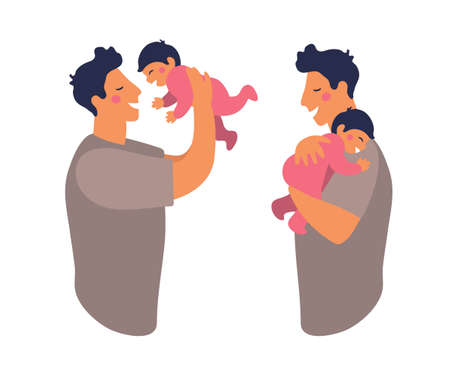 A father hugs and takes care of his child. Cute daddy is playing with his son. Happy dad holds daughter in his arms and smiles. Flat vector illustration isolated on white backgroundのイラスト素材