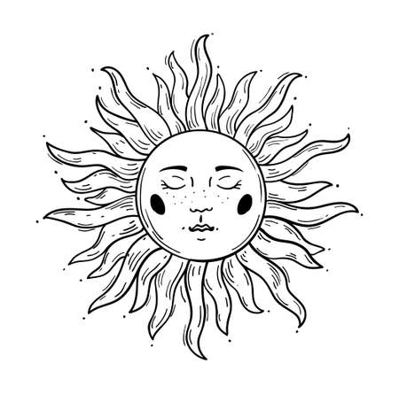 Modern pattern in vintage style, the sun with a face, stylized drawing, engraving. Vintage mystical boho design, logotype, tattoo. Vector illustration isolated on white.のイラスト素材