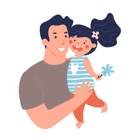 Portrait of a father with daughter. Poster for father s day. Daddy hugs and takes care of his child. Flat cartoon vector illustration isolated on white backgroundのイラスト素材