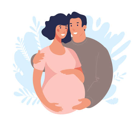 Flat illustration about pregnancy and partner birth. Young pregnant woman with husband. A man takes care and hugs his wife. Vector isolated on white backgroundのイラスト素材