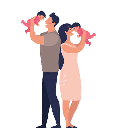 Young parents play with twins. Happy dad and mom hold children in their arms. Flat vector illustration in cartoon style.のイラスト素材