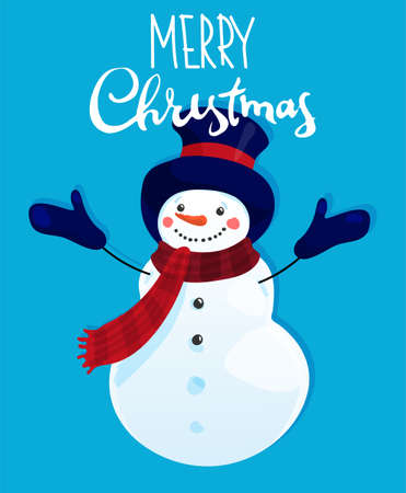 Merry christmas and happy new year. A cheerful snowman in mittens, a scarf and a hat on a blue background with the inscription. Seasonal greetings. Flat winter illustration.のイラスト素材