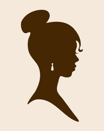 Female silhouette with jewelry in the ears. Profile of a cute girl, vintage cameo. Black Afro girl with a beautiful hairstyle. Vector illustration in brown, old sepiaのイラスト素材