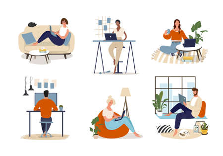 Men and women work at home, the concept of remote work, comfortable home office, freedom. Set of vector illustrations in flat style isolated on white backgroundのイラスト素材