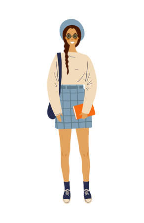 Modern fashionable female student girl in glasses and hat. Young happy standing woman with long hair, backpack and book. Student or schoolgirl. Flat cartoon character.Vector illustrationのイラスト素材