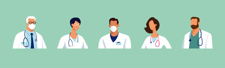 Set of male and female characters of doctors. Surgeons, doctors, nurses. Conceptual illustration,...
