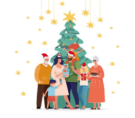 Family together at home for christmas. Happy family greets New Year with children, grandparents and a decorated Christmas tree. Flat cartoon vector illustrationのイラスト素材
